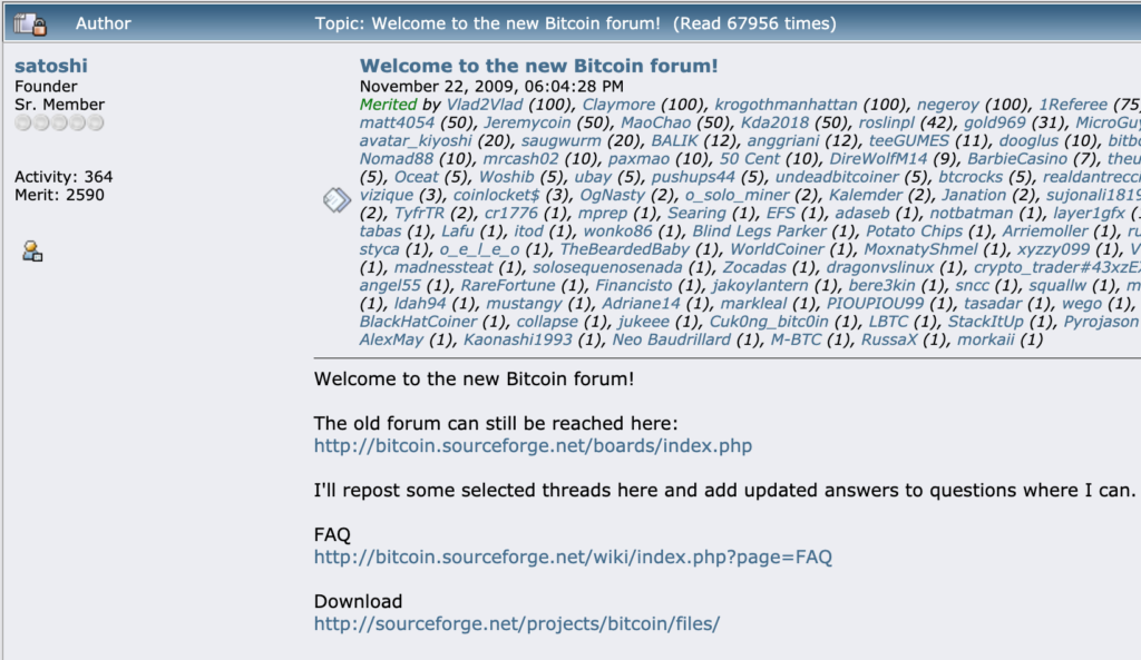 Snímek satoshiho uvítacího příspěvku na novém Bitcoin fóru.